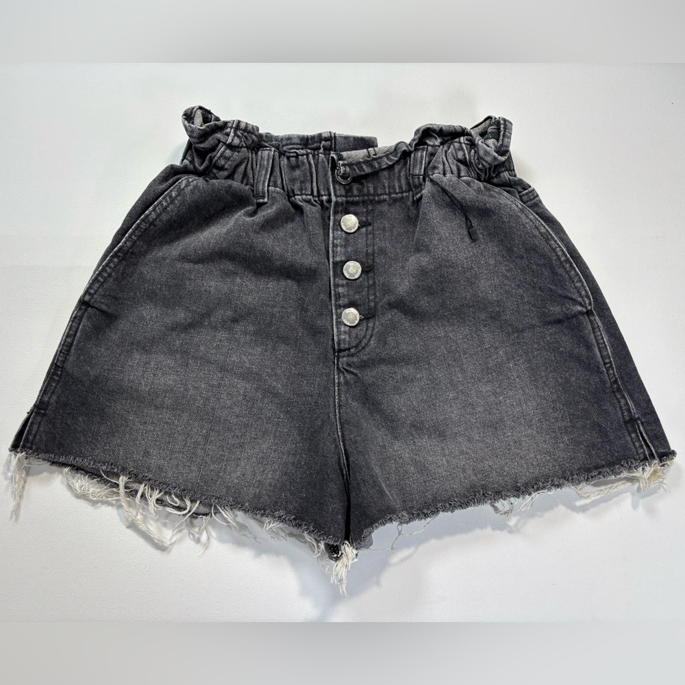 Zara Dark Charcoal Paperbag High-Waist Denim Shorts